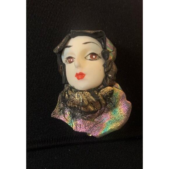 Vintage Art Deco Lady Face Brooch Metallic Hat Collar 3D Statement Pin Gypsy - Picture 2 of 4